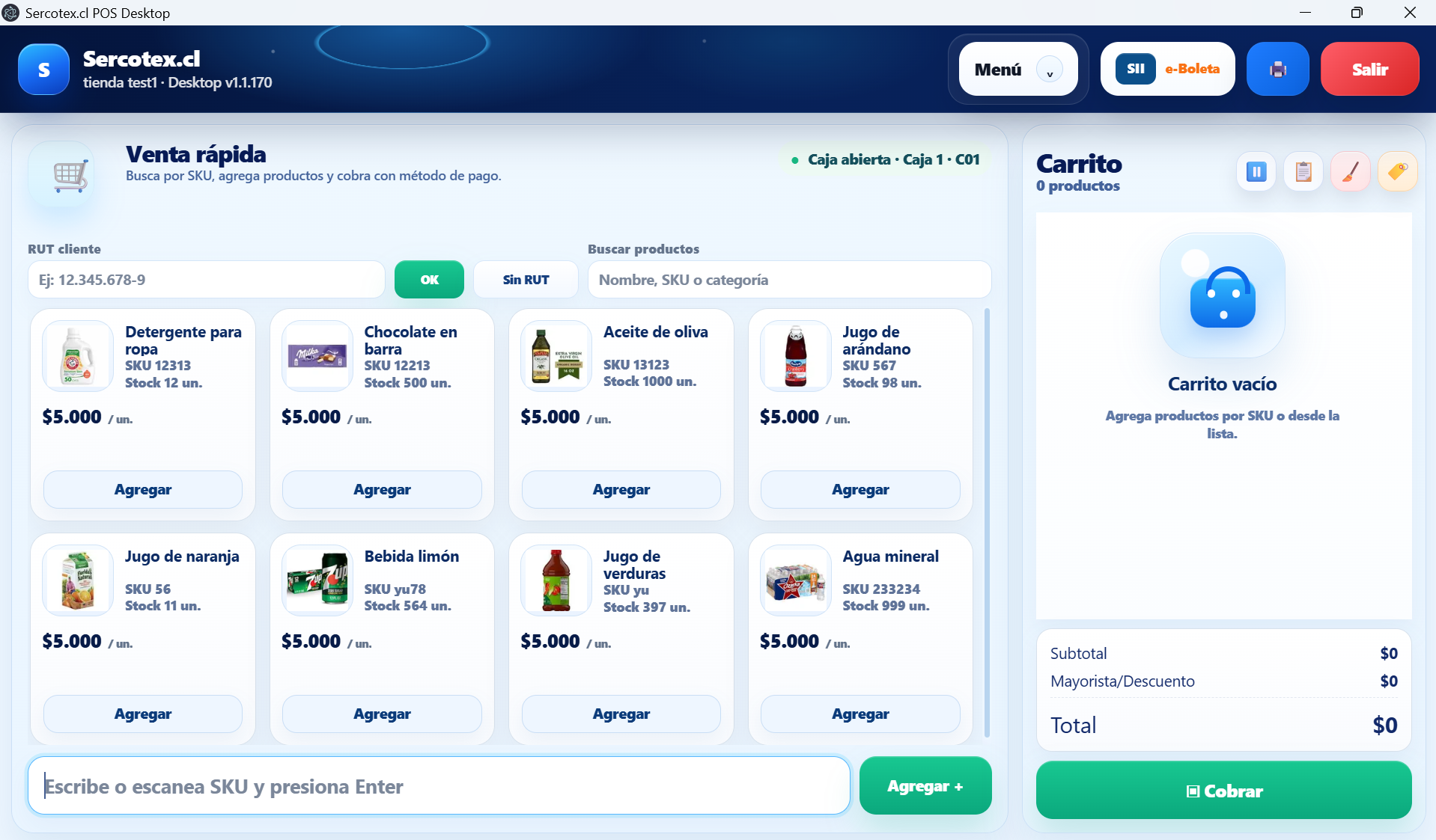 Vista principal del POS de venta Sercotex
